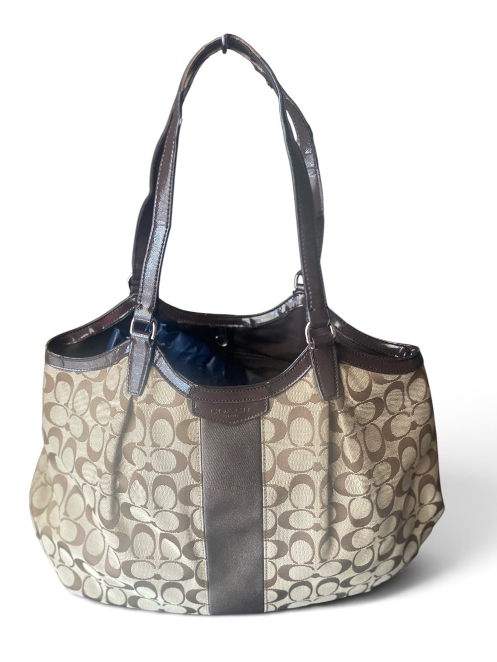 Coach Beige Signature Shoulder Tote with Brown Trim